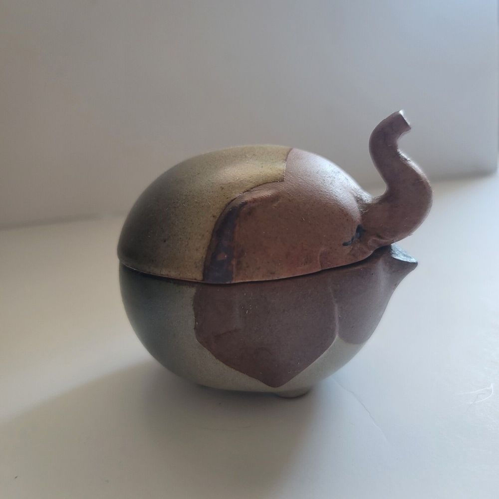 1960s Retro UCTCI Japan Elephant Duo Sugar Trinket Bowl Box Pottery Trunk Up